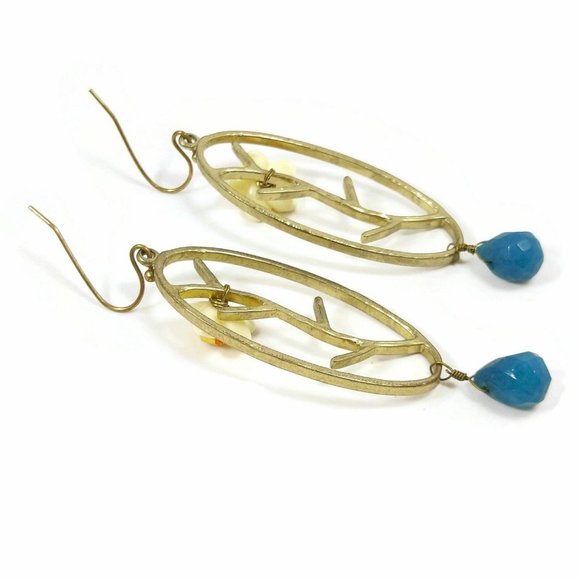 Flowery Drop Earrings W/Blue Stone Women's Jewerly - Picture 4 of 5